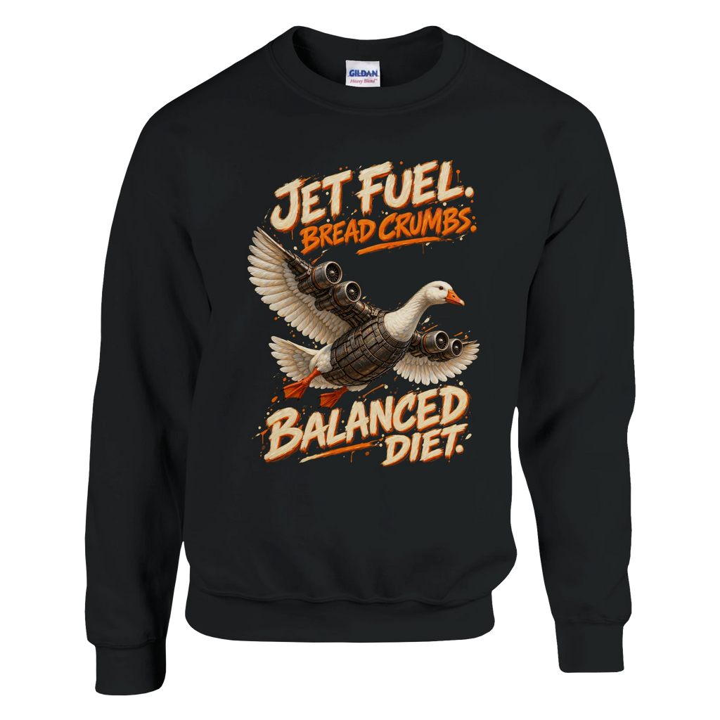 Bombombini Gusini print on a black crewneck sweatshirt, front view