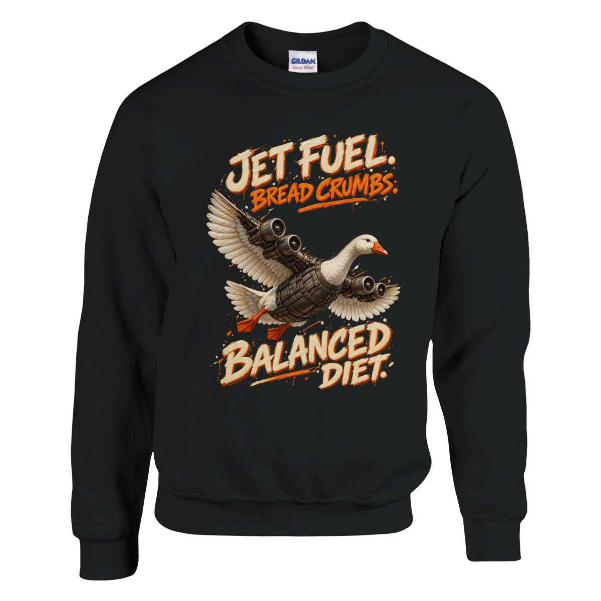 Bombombini Gusini print on a black crewneck sweatshirt, front view