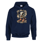 La Vaca Saturno Saturnita print on a navy pullover hoodie, front view