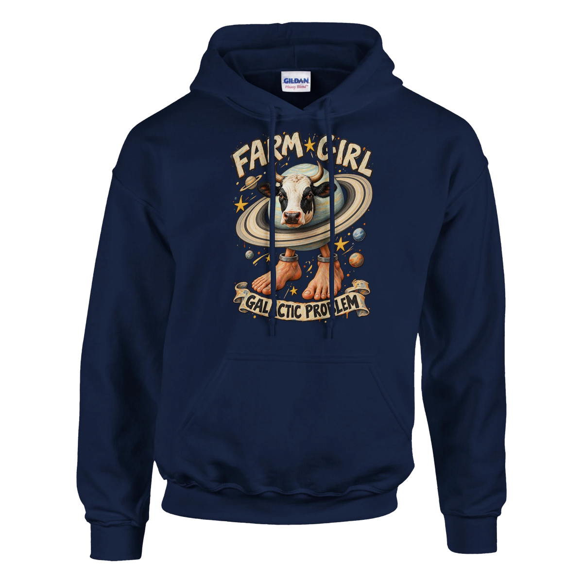 La Vaca Saturno Saturnita print on a navy pullover hoodie, front view