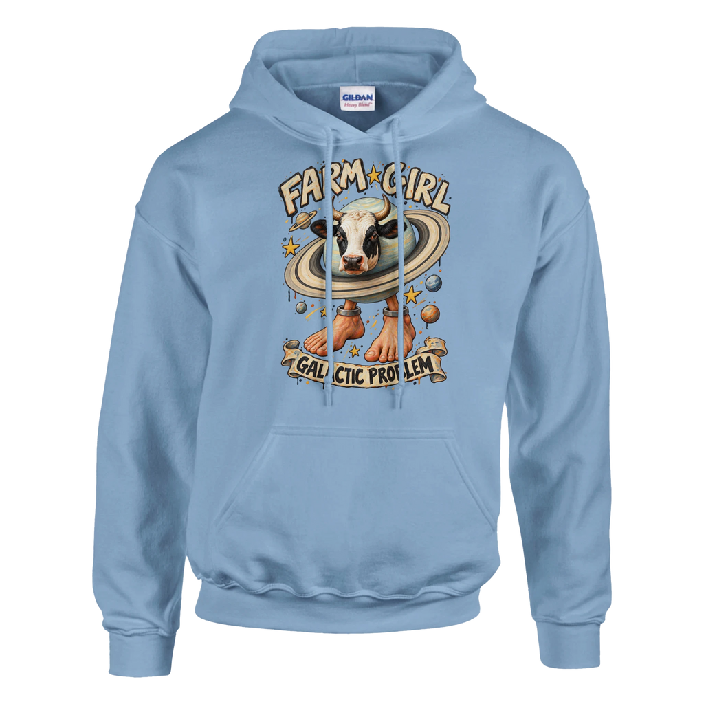 La Vaca Saturno Saturnita print on a light blue pullover hoodie, front view