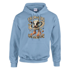 La Vaca Saturno Saturnita print on a light blue pullover hoodie, front view