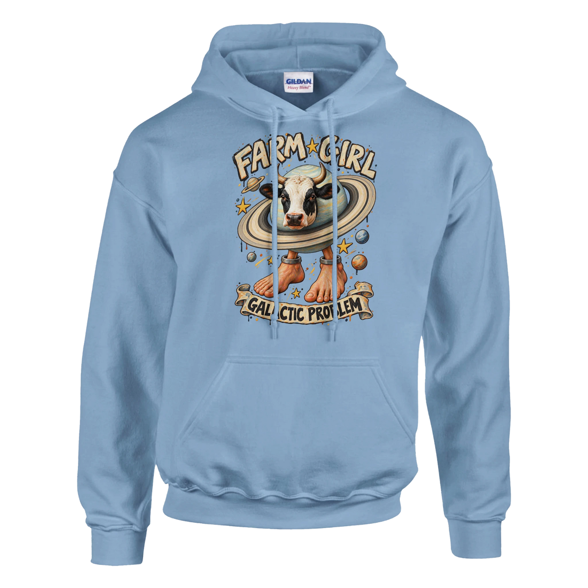La Vaca Saturno Saturnita print on a light blue pullover hoodie, front view