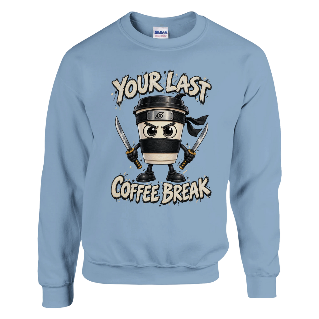 Cappuccino Assassino print on a light blue crewneck sweatshirt, front view