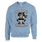 Cappuccino Assassino print on a light blue crewneck sweatshirt, front view