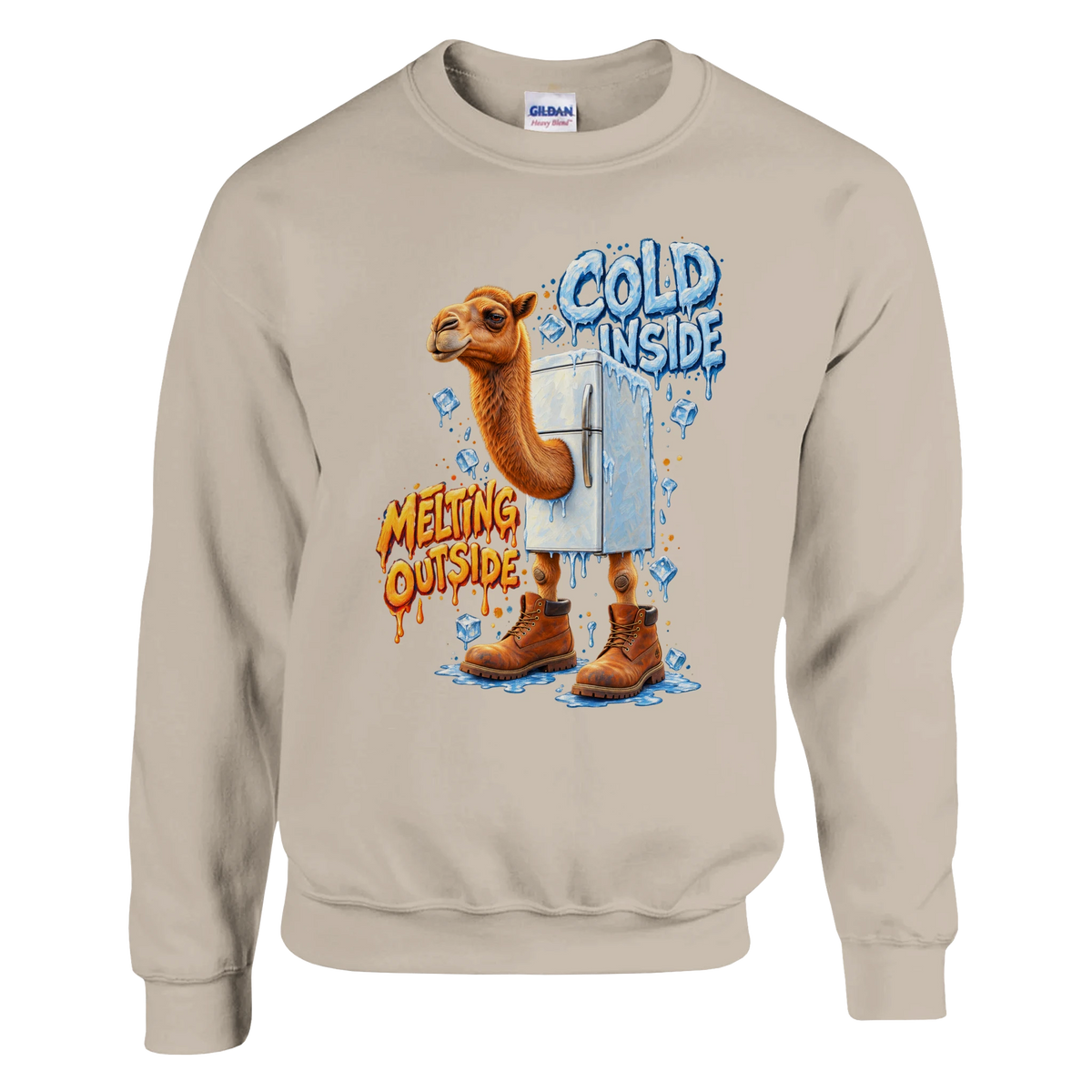 Frigo Camelo print on a sand crewneck sweatshirt, front view