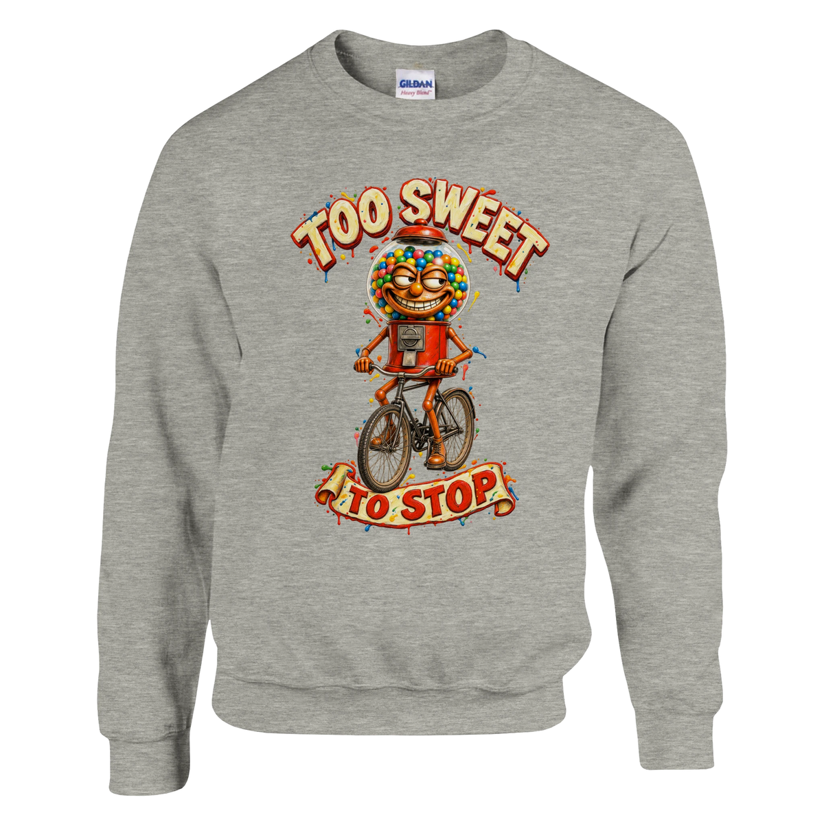 Chicleteira Bicicleteira print on an ash grey crewneck sweatshirt, front view