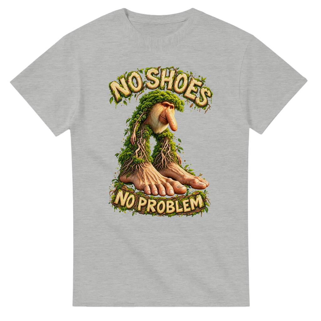 Ash grey t-shirt printed with Brr Brr Patapim and the words No shoes, no problem, front view