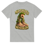 Ash grey t-shirt printed with Brr Brr Patapim and the words No shoes, no problem, front view