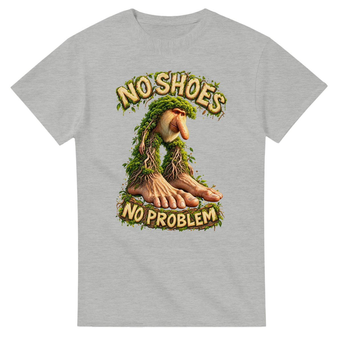 Ash grey t-shirt printed with Brr Brr Patapim and the words No shoes, no problem, front view