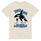 Natural t-shirt printed with Orcalero Orcala and the words Three shoes, zero explanations, front view