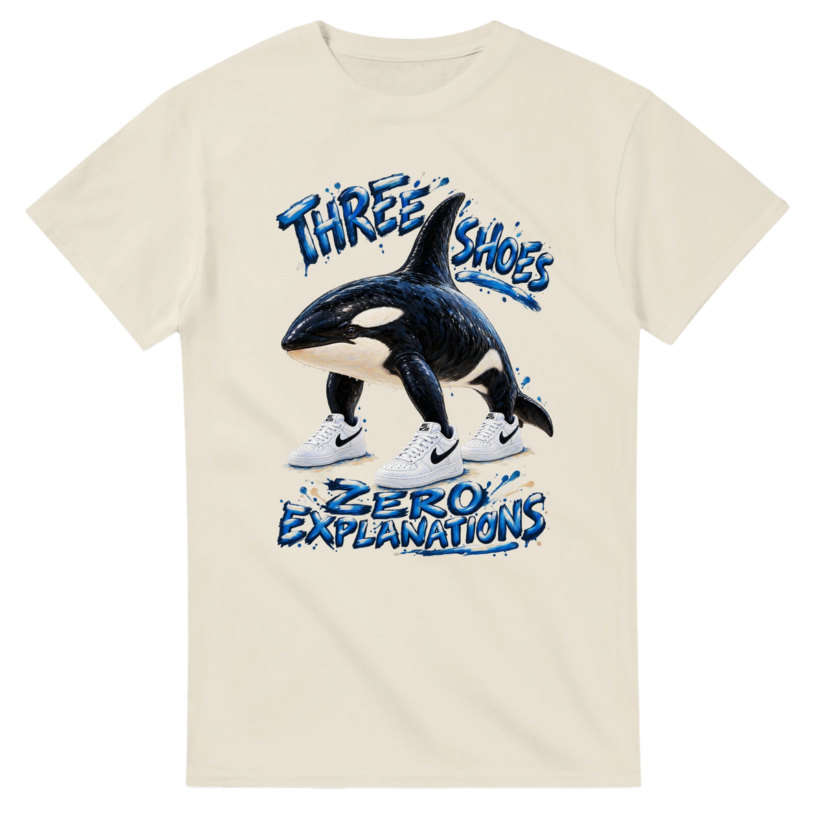 Natural t-shirt printed with Orcalero Orcala and the words Three shoes, zero explanations, front view