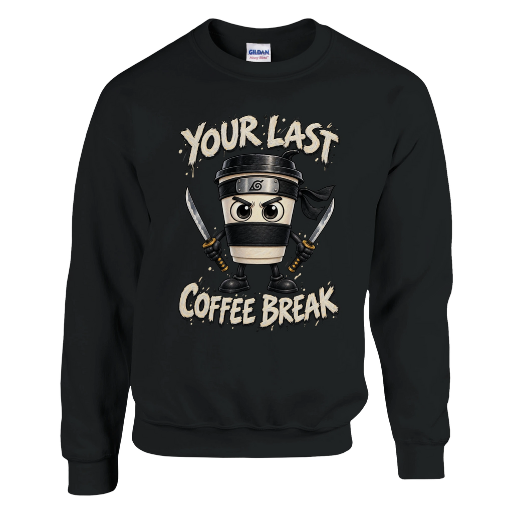 Cappuccino Assassino print on a black crewneck sweatshirt, front view