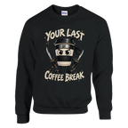 Cappuccino Assassino print on a black crewneck sweatshirt, front view