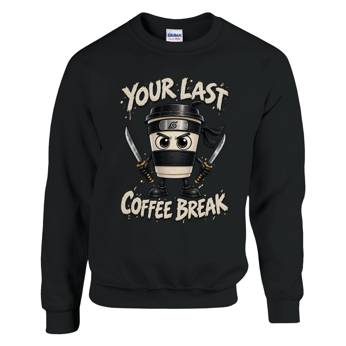 Cappuccino Assassino print on a black crewneck sweatshirt, front view