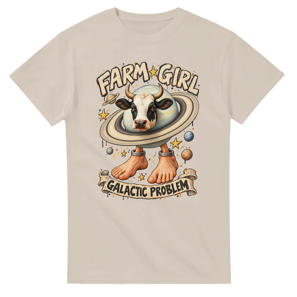 Sand t-shirt printed with La Vaca Saturno Saturnita and the words Farm girl, galactic problem, front view