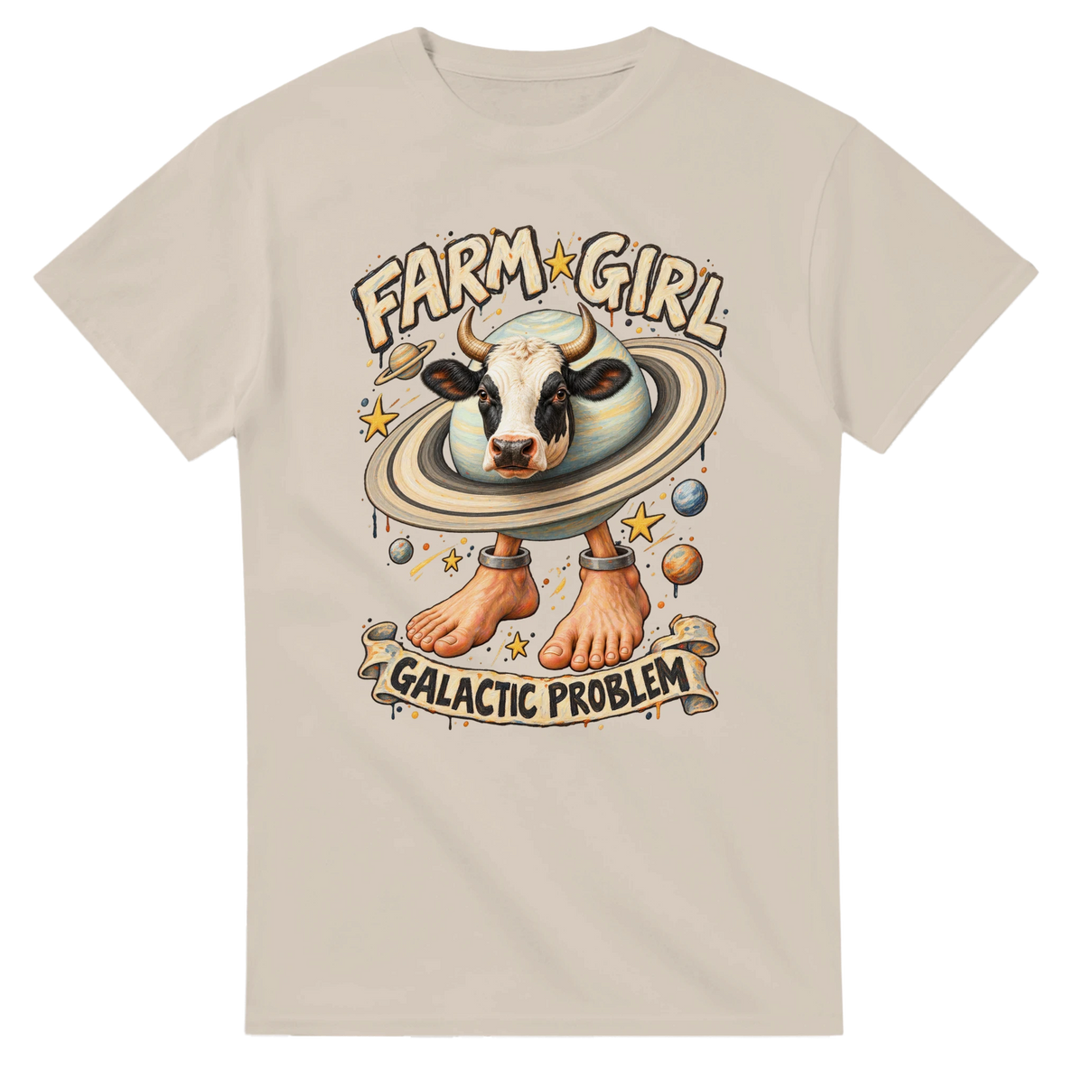 Sand t-shirt printed with La Vaca Saturno Saturnita and the words Farm girl, galactic problem, front view
