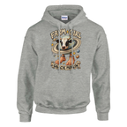La Vaca Saturno Saturnita print on an ash grey pullover hoodie, front view