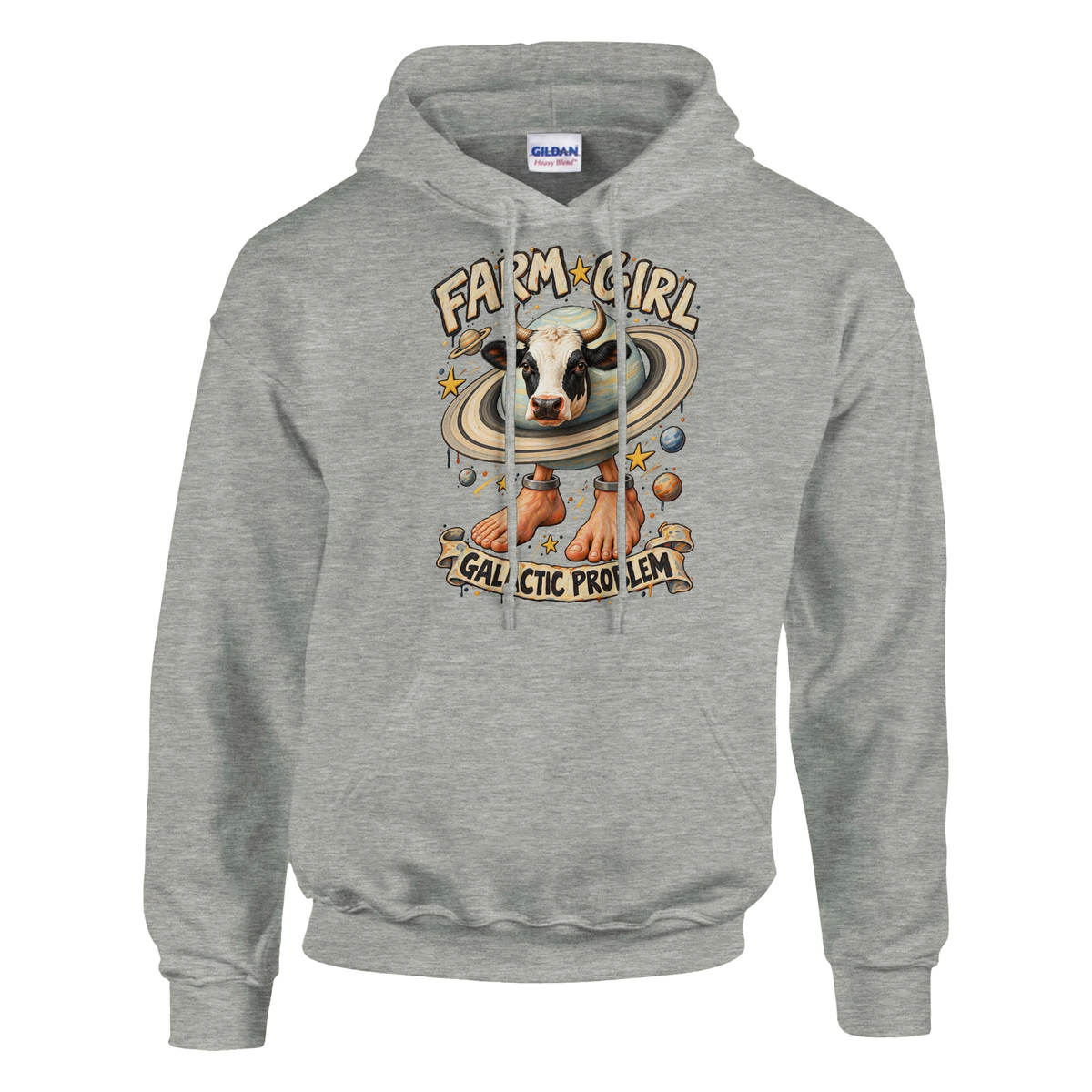 La Vaca Saturno Saturnita print on an ash grey pullover hoodie, front view