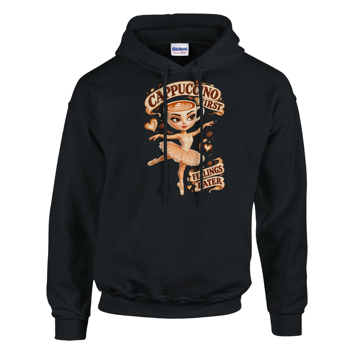 Ballerina Cappuccina print on a black pullover hoodie, front view