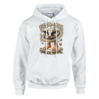 La Vaca Saturno Saturnita print on a white pullover hoodie, front view