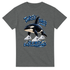 Graphite Heather t-shirt printed with Orcalero Orcala and the words Three shoes, zero explanations, front view
