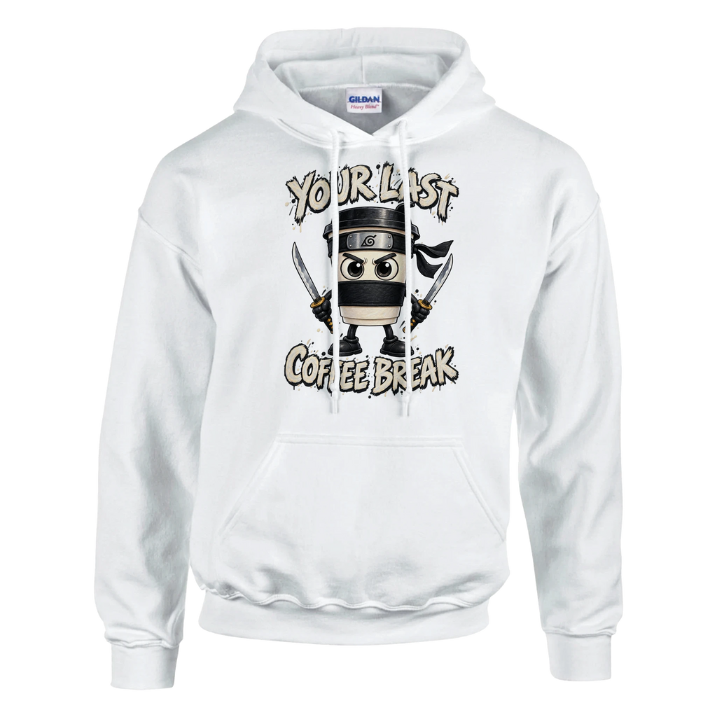 Cappuccino Assassino print on a white pullover hoodie, front view