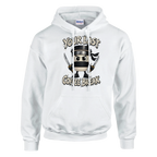 Cappuccino Assassino print on a white pullover hoodie, front view