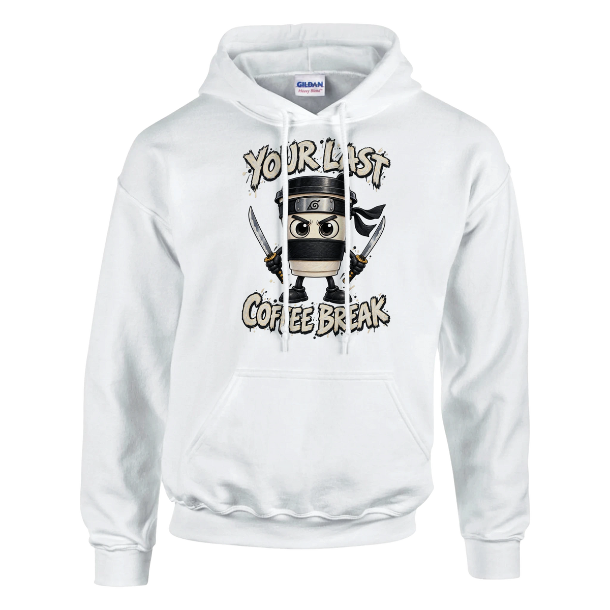 Cappuccino Assassino print on a white pullover hoodie, front view