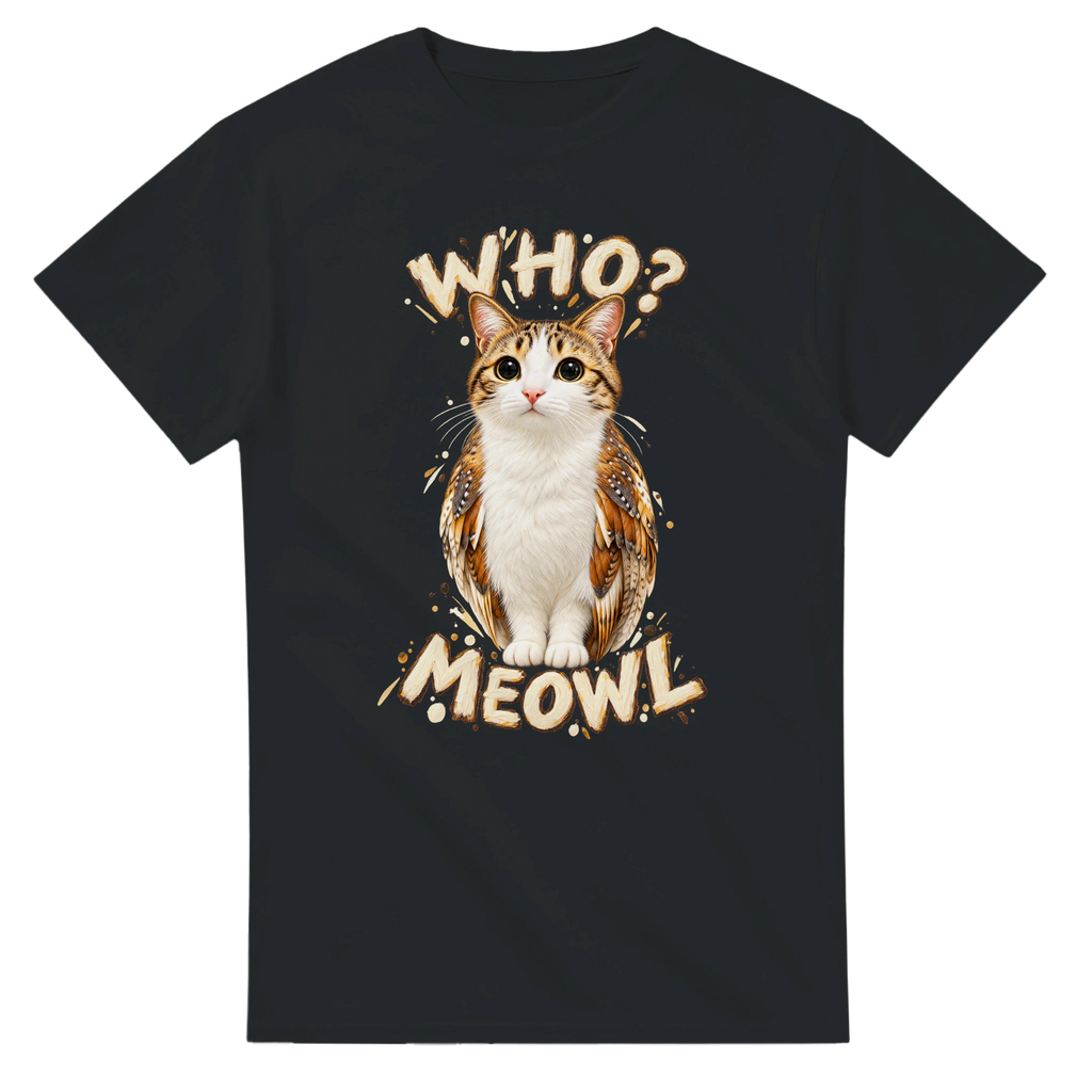 Black t-shirt printed with Meowl and the words Who? Meowl, front view