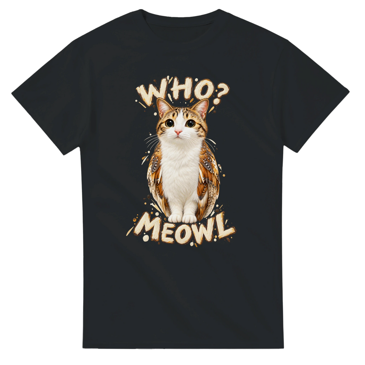 Black t-shirt printed with Meowl and the words Who? Meowl, front view