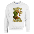 Lirili Larila print on a white crewneck sweatshirt, front view