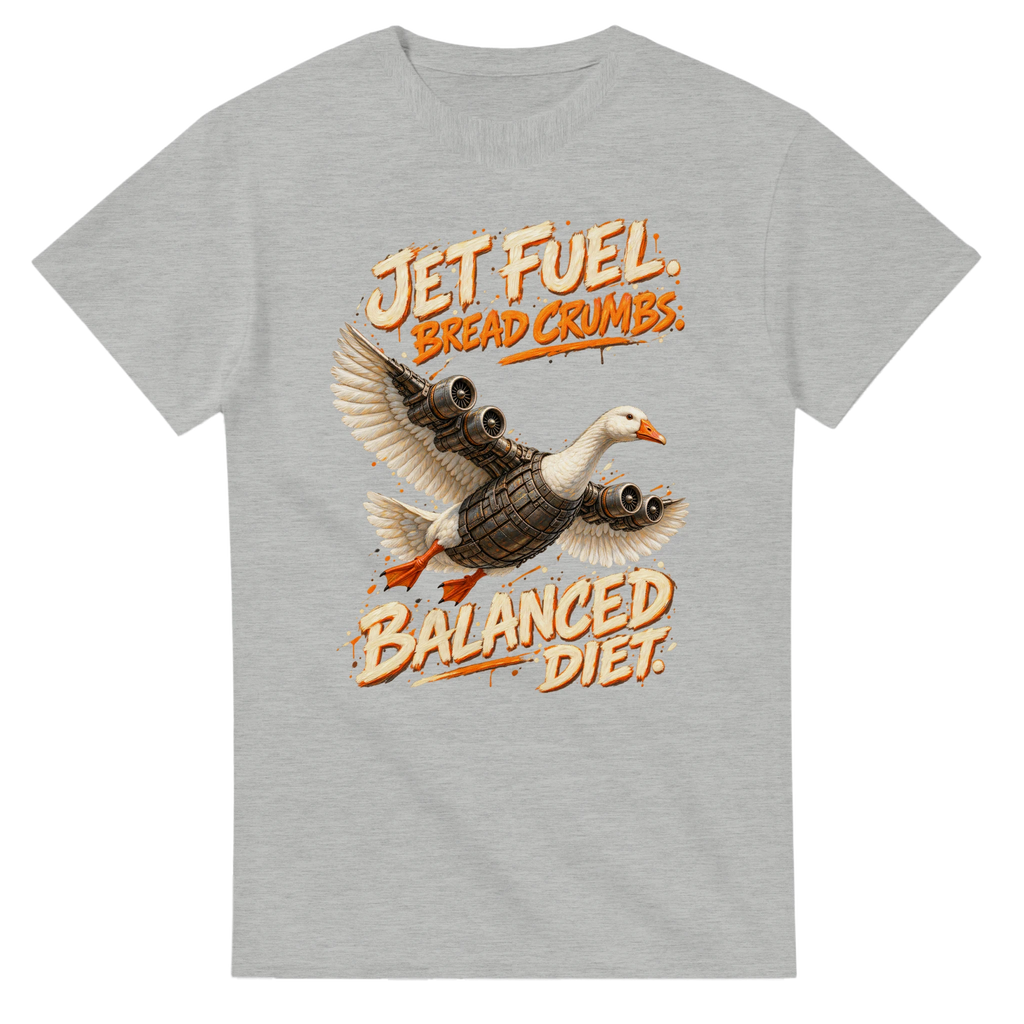 Ash t-shirt printed with Bombombini Gusini and the words Jet fuel, bread crumbs, balanced diet, front view