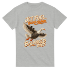 Ash t-shirt printed with Bombombini Gusini and the words Jet fuel, bread crumbs, balanced diet, front view