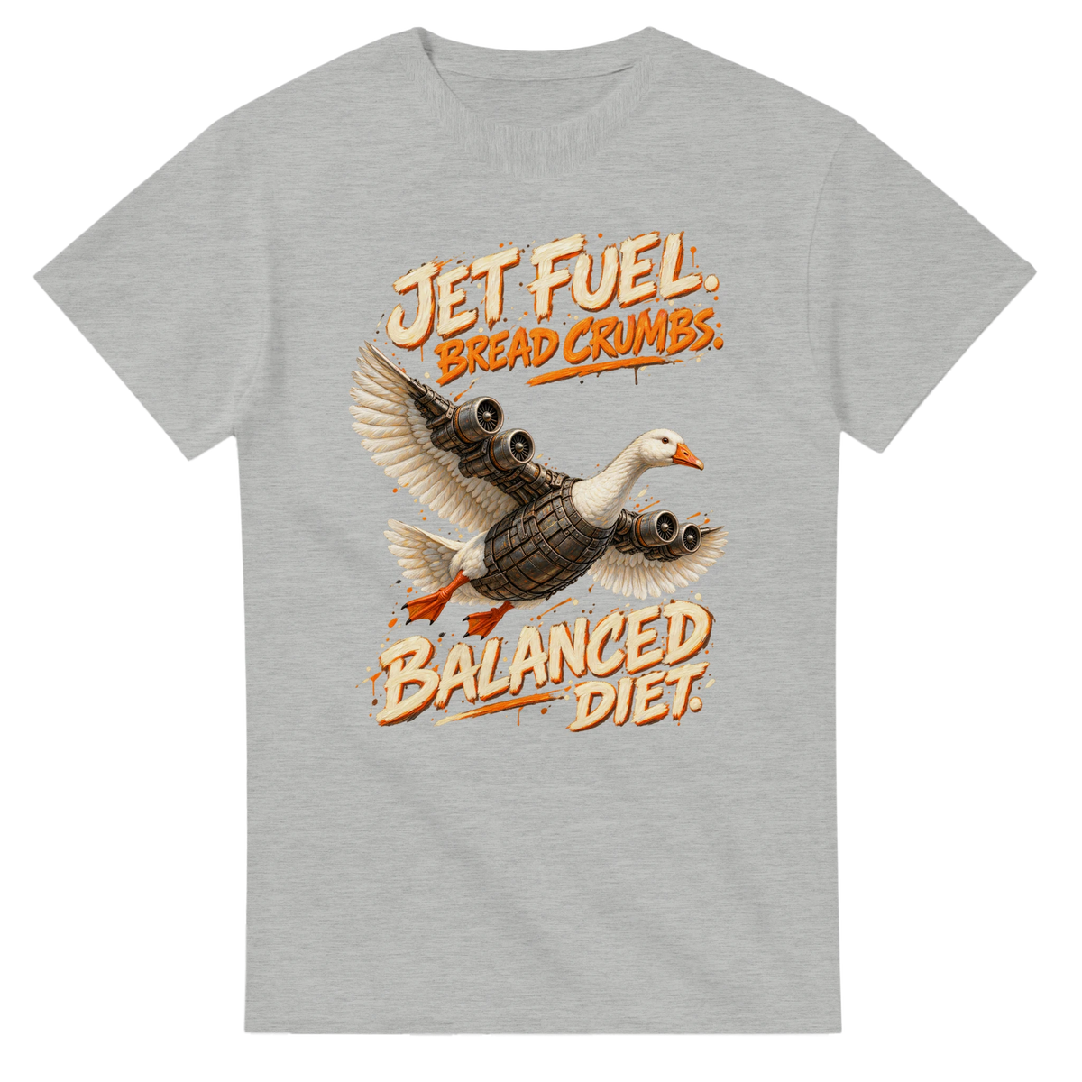 Ash t-shirt printed with Bombombini Gusini and the words Jet fuel, bread crumbs, balanced diet, front view