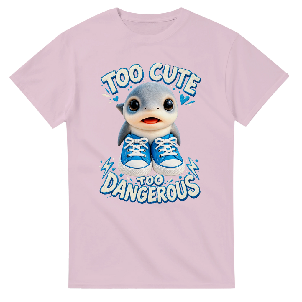 Light Pink t-shirt printed with Los Tralaleritos and the words Too cute, too dangerous, front view