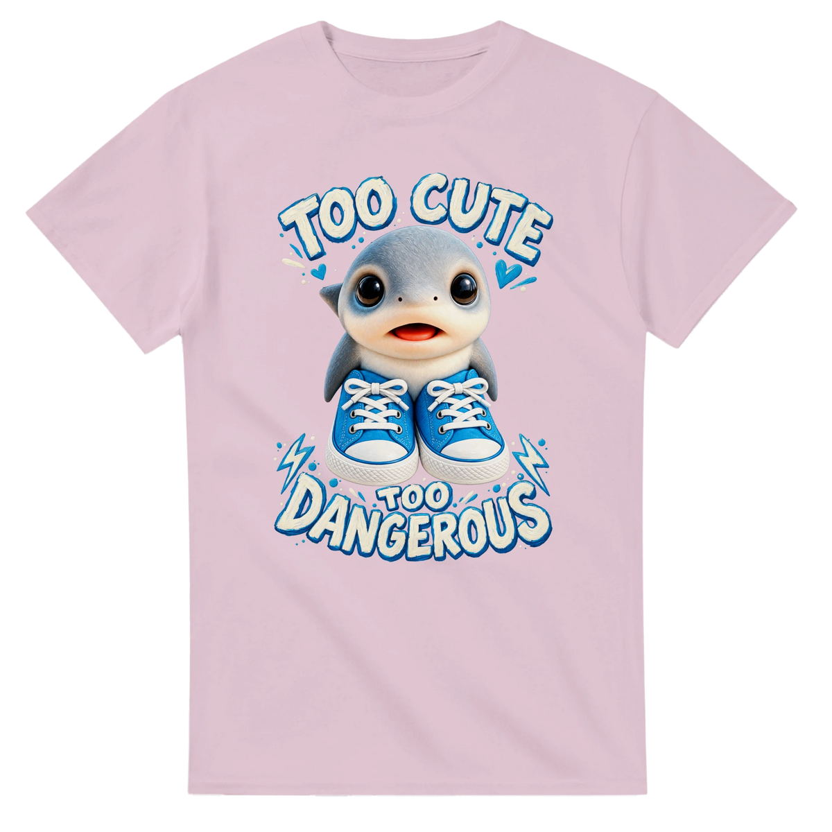 Light Pink t-shirt printed with Los Tralaleritos and the words Too cute, too dangerous, front view