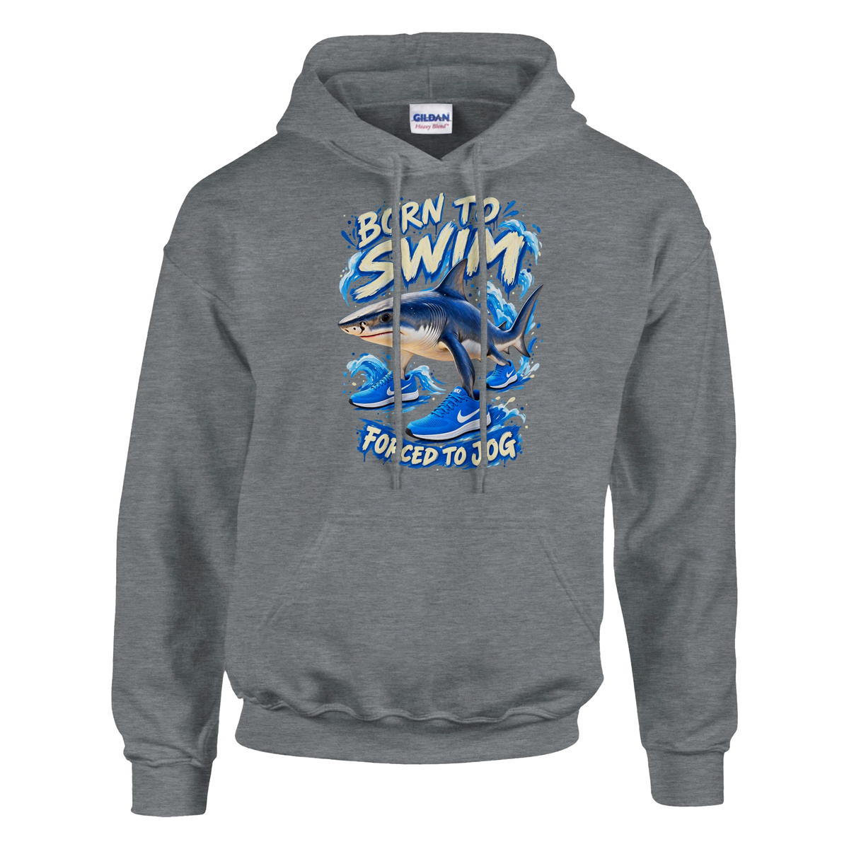 Tralalero Tralala print on a sport grey pullover hoodie, front view