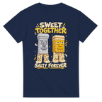 Navy t-shirt printed with Garama and Madundung and the words Sweet together, salty forever, front view