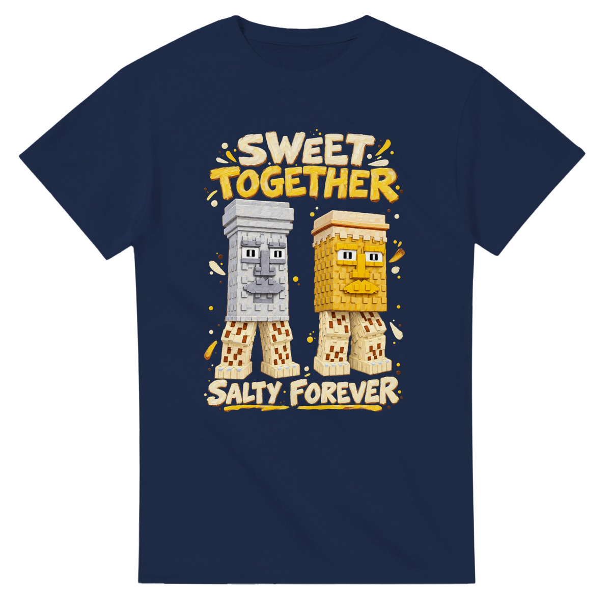 Navy t-shirt printed with Garama and Madundung and the words Sweet together, salty forever, front view