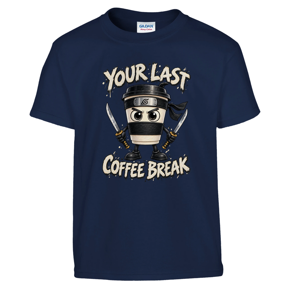 Cappuccino Assassino print on a navy kids t-shirt, front view