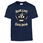 Cappuccino Assassino print on a navy kids t-shirt, front view