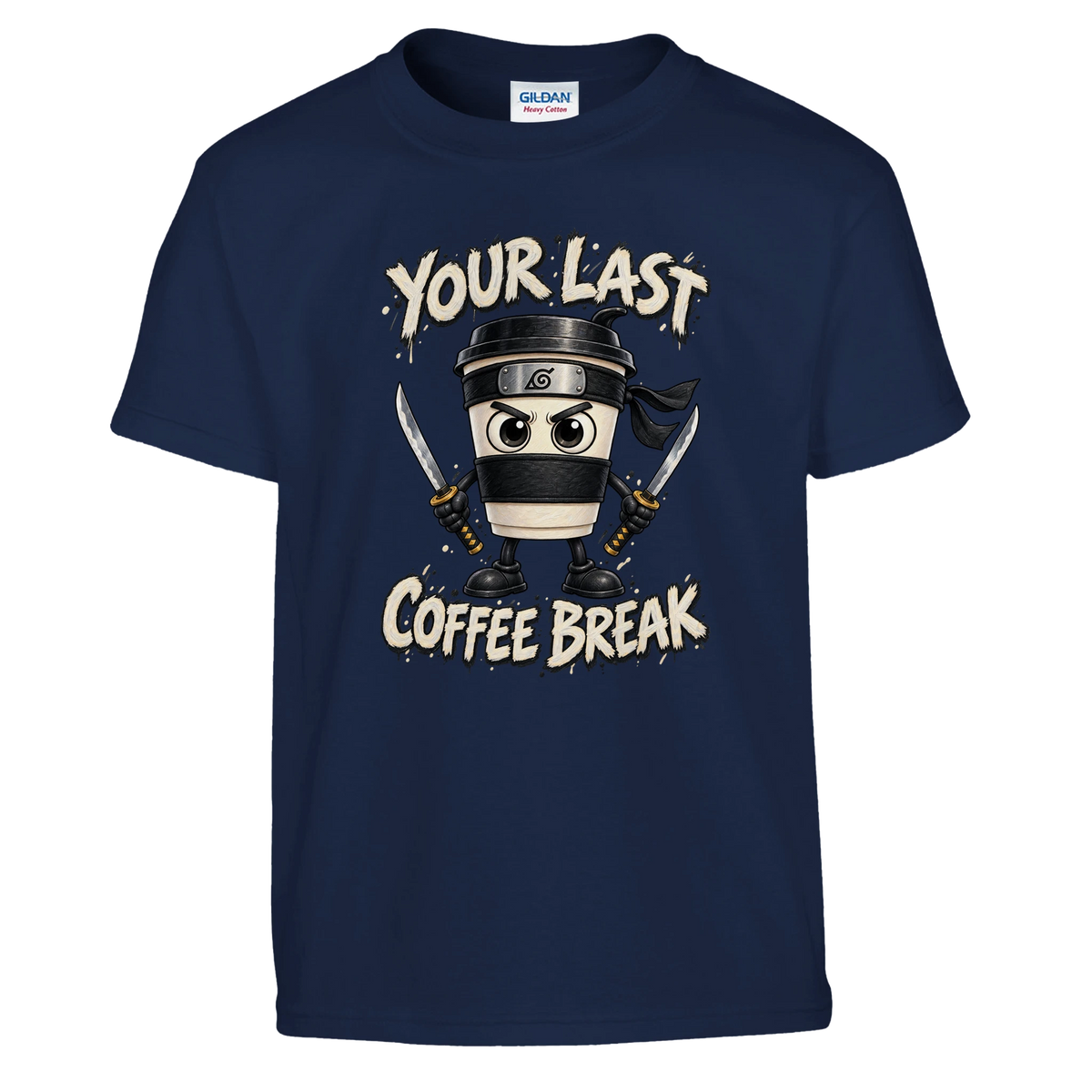 Cappuccino Assassino print on a navy kids t-shirt, front view