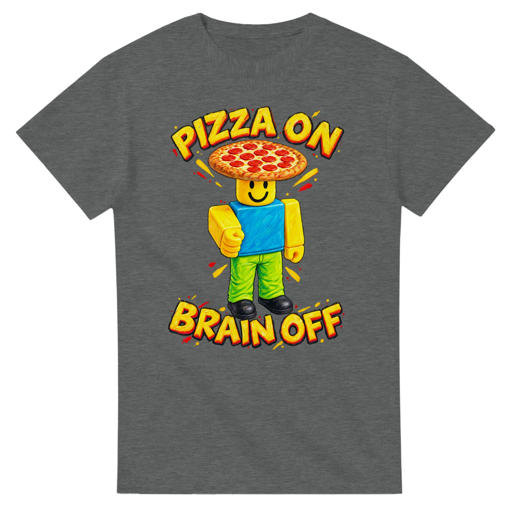 Graphite Heather t-shirt printed with Noobini Pizzanini and the words Pizza on, brain off, front view
