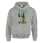Pot Hotspot print on an ash grey pullover hoodie, front view