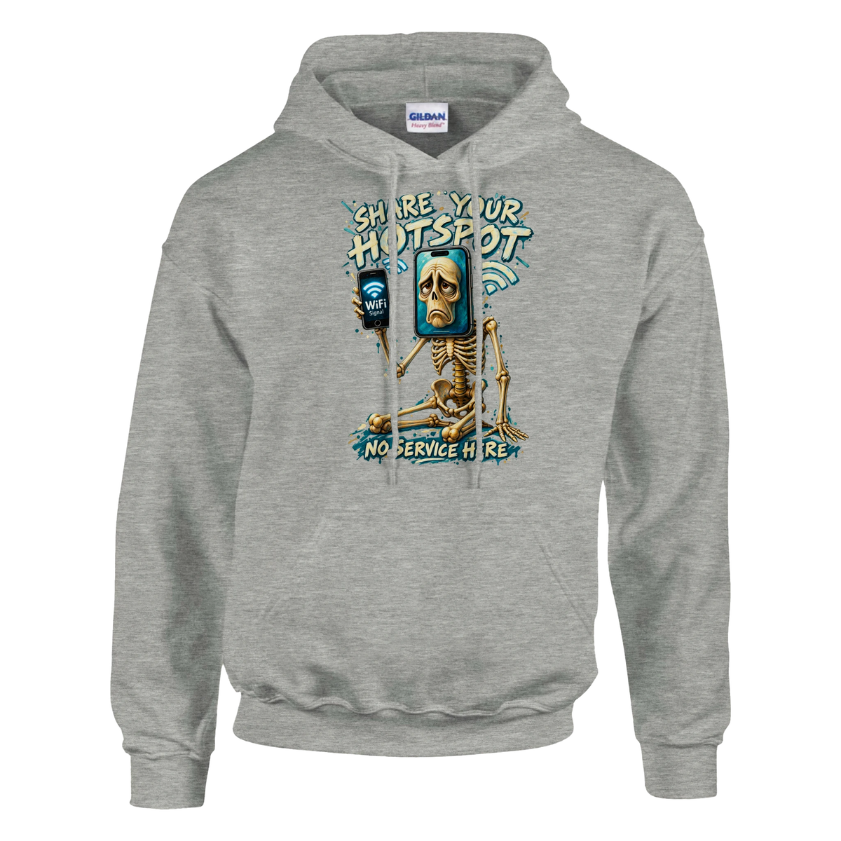 Pot Hotspot print on an ash grey pullover hoodie, front view