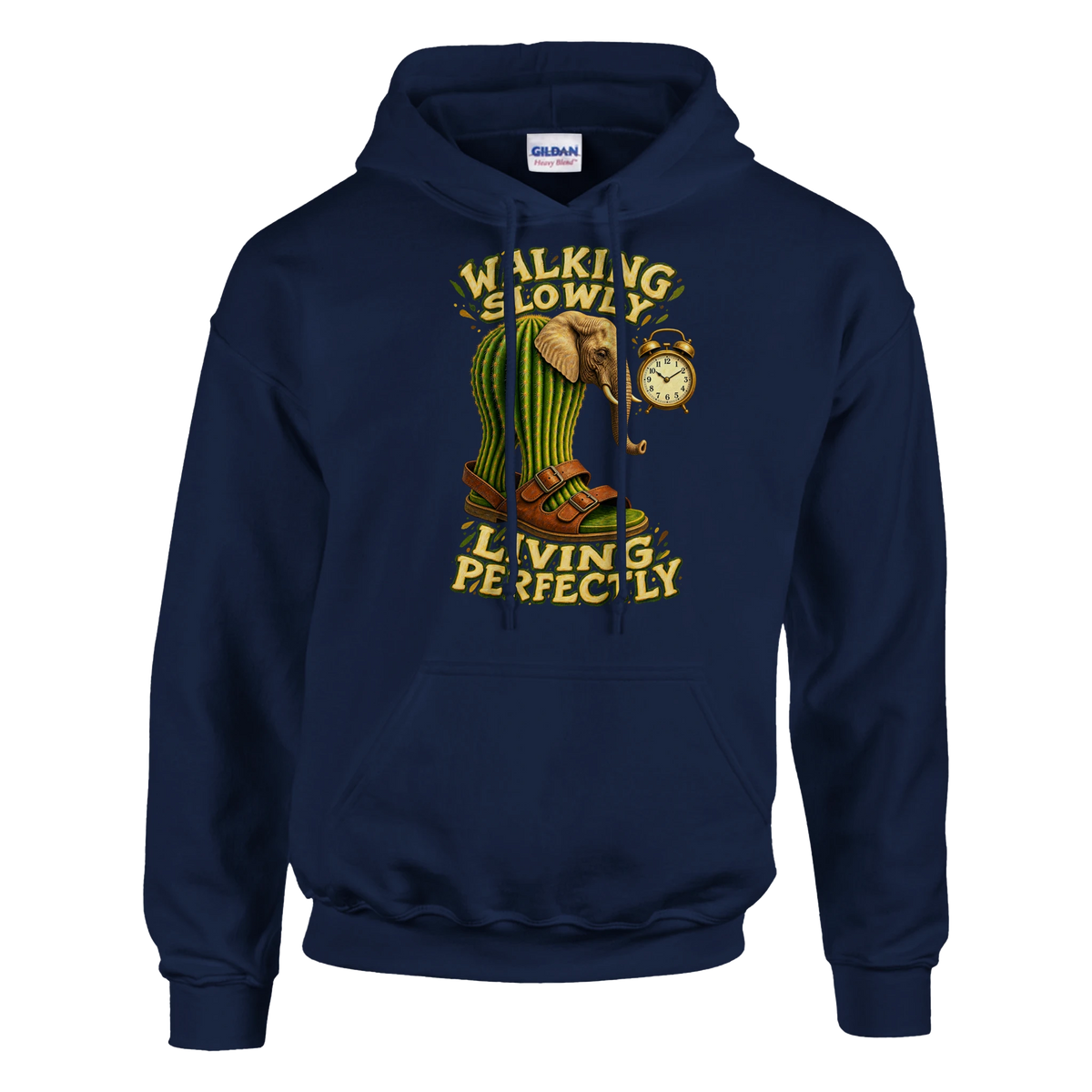 Lirili Larila print on a navy pullover hoodie, front view