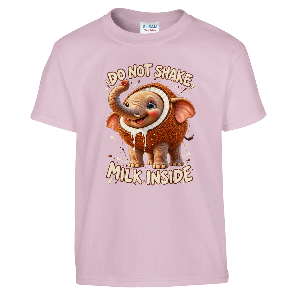 Cocofanto Elefanto print on a light pink kids t-shirt, front view