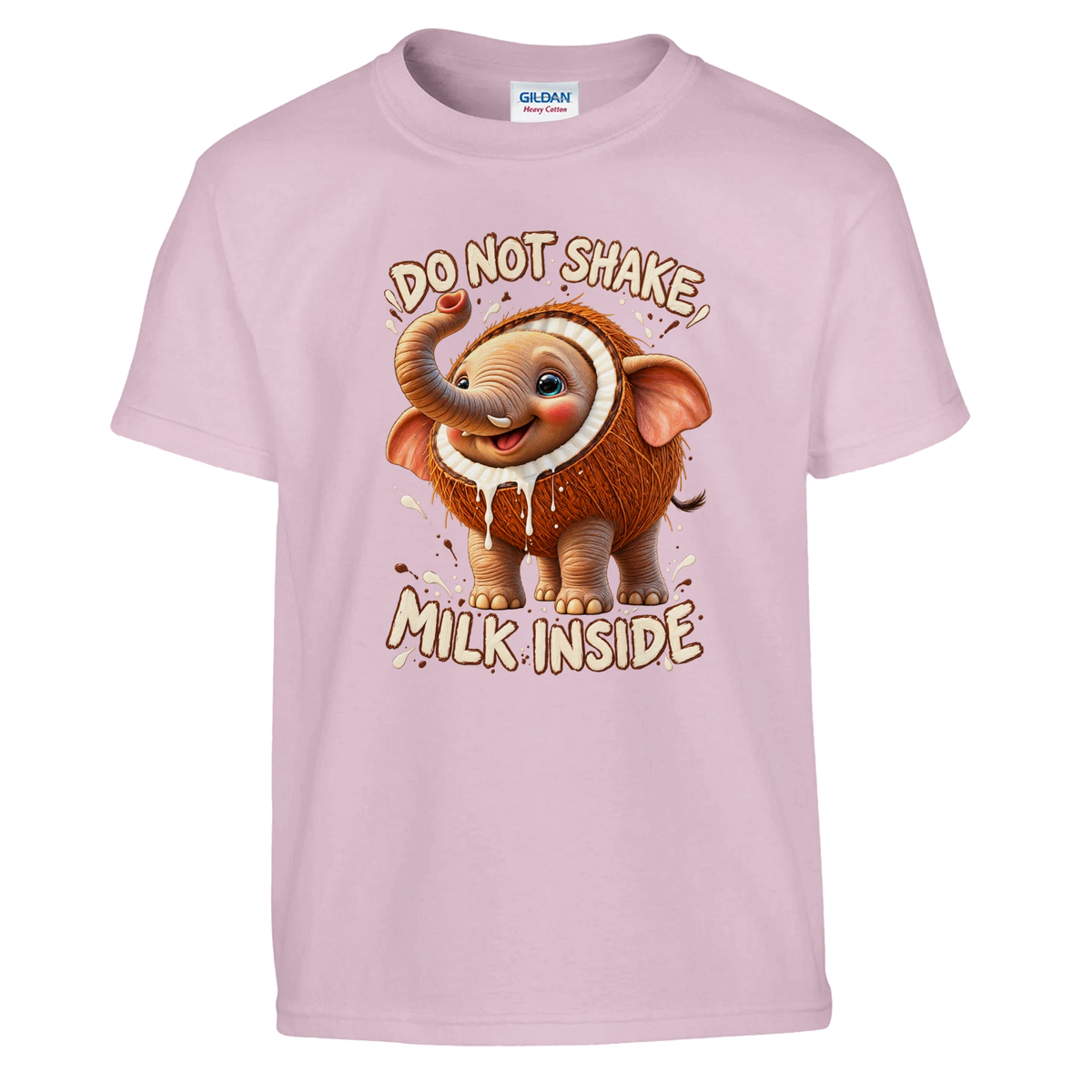 Cocofanto Elefanto print on a light pink kids t-shirt, front view