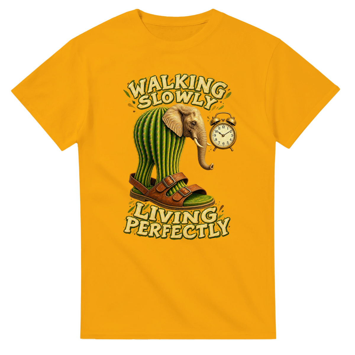 Gold t-shirt printed with Lirili Larila and the words Walking slowly, living perfectly, front view